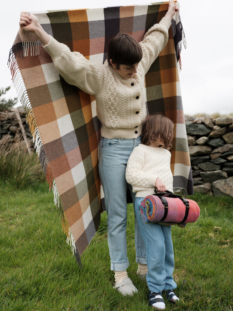 Close-up of the Foxford Ardagh Lambswool Throw showing its texture and pattern opened out to see full design