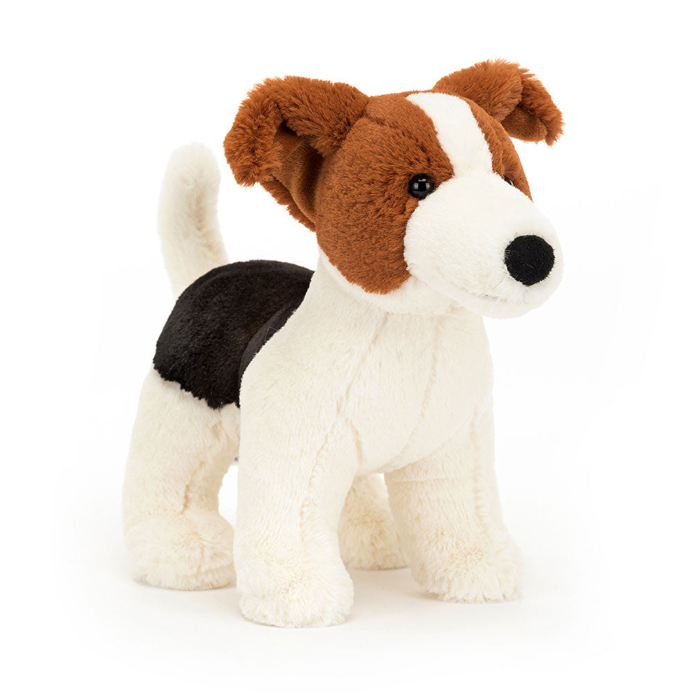 Albert Jack Russell is a happy pup in soft cream fur with black and brown patches. With perky ears and a waggly tail, Albert loves to run around the garden. Just watch out for him digging up the carnations