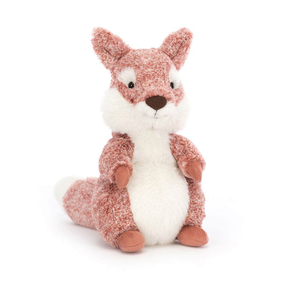 Freckly, friendly Ambrosie Fox has a fantastic coat of printed red fur! With fluffy cheeks, a creamy tummy, tufty eyebrows and neat suedey paws, this squooshy-tailed scamp is podgy-proud. Tickle those ears and boop that cocoa nose for a very giggly cub indeed!