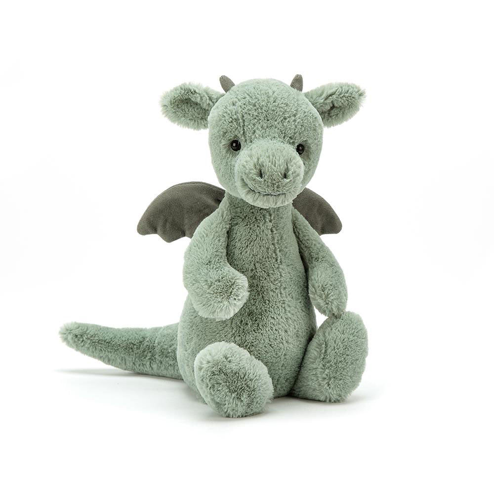 Bashful Dragon is a fierce little friend, with plenty of attitude! With supersoft fur in pale sage green, suedey horns and a long, squidgy tail, this brilliant beastie is pretty fantastic. We love those neat little contrast wings, chunky feet and fine flappy ears - what a legend!