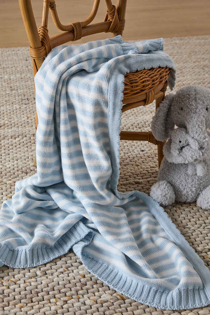 ndulge in ultimate comfort with the Foxford Blue Stripe Cotton Baby Blanket. Made with a soft, cosy blue stripe, this luxurious baby blanket is expertly crafted in Portugal by Foxford.