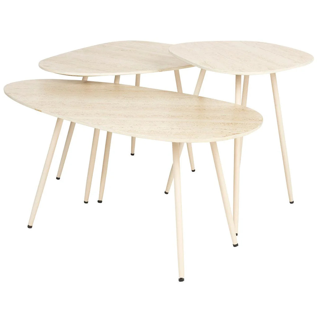 The Arlo side table set is a harmonious blend of ceramic tabletops with a captivating travertine finish and sleek metal legs. The soothing beige tones and travertine look add a touch of elegance to any space. With varying heights, these three tables can be used individually or as a cohesive set, providing versatility in your decor arrangement.&nbsp;