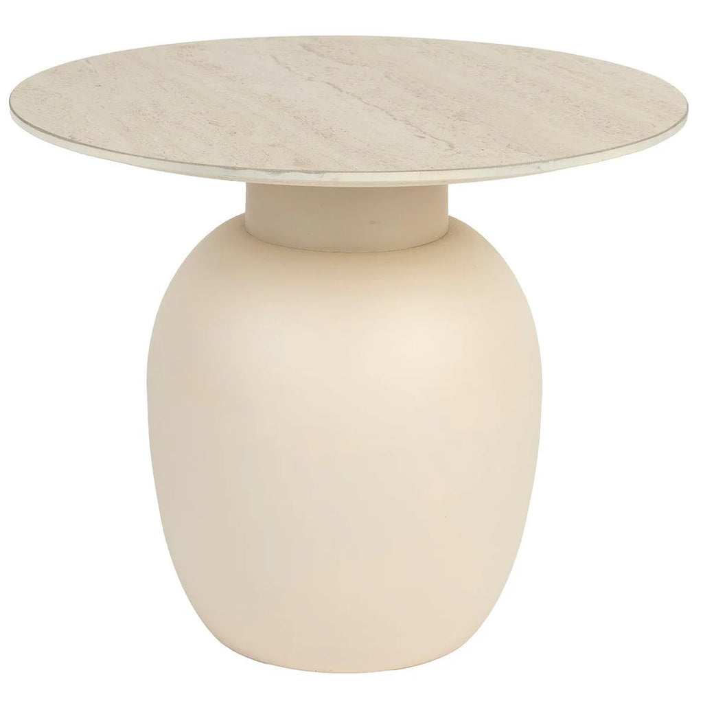 Foxford Casa Side Table - Short is a harmonious blend of natural design elements. Its ceramic tabletop boasts a beautiful travertine look, harmonizing effortlessly with the metal base. The soothing beige hue and organic round shape make this series a perfect addition to your living space.