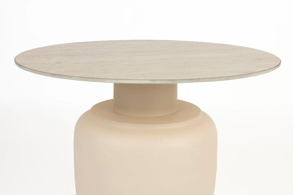 Casa Side Table is a harmonious blend of natural design elements. Its ceramic tabletop boasts a beautiful travertine look, harmonizing effortlessly with the metal base. The soothing beige hue and organic round shape make this series a perfect addition to your living space.