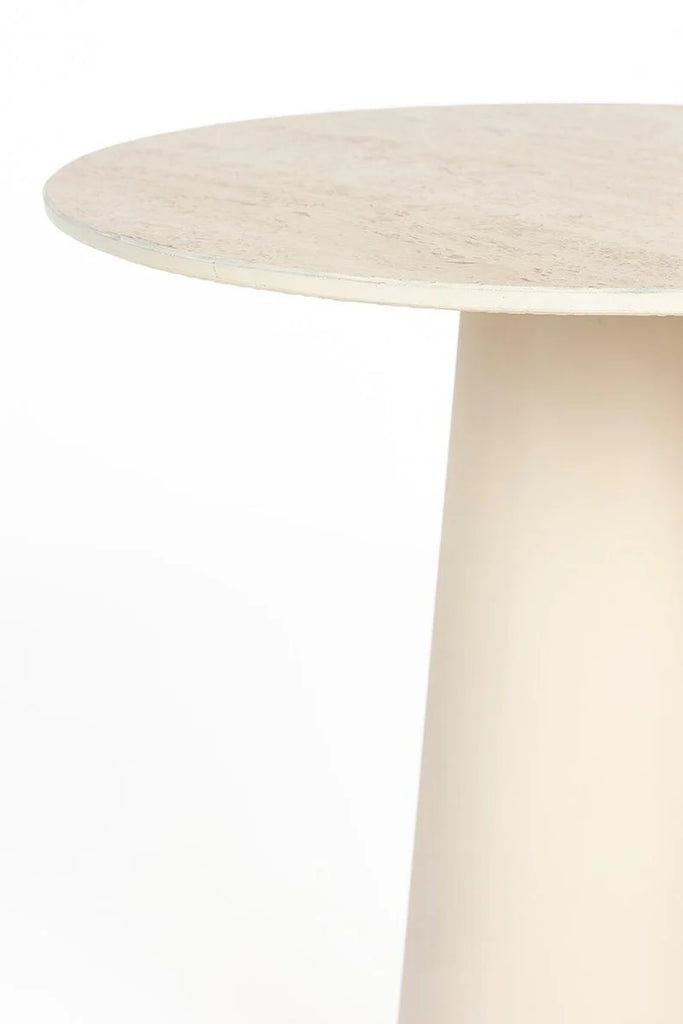 Introducing the exquisite Joya side table, a perfect blend of modern design and sophistication. Its ceramic tabletop boasts a stunning travertine look, complemented by the metal base. The timeless beige colour and sleek design of Joya makes it a must-have addition to any space. With a gracefully conical base and a round tabletop, Joya exudes both style and practicality.