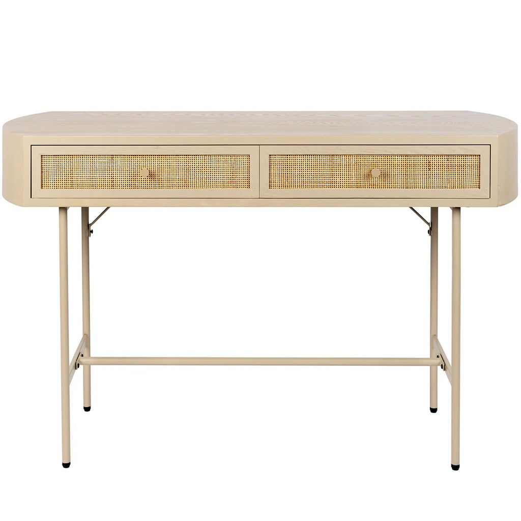 The Foxford Emily Two Door Console desk is designed to complement the Japandi style and seamlessly integrate into any interior. Constructed from wood, the desk features two woven rattan drawers for added texture. Its light colors and rounded shape contribute to a tranquil and peaceful appearance.