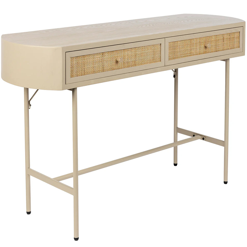 The Foxford Emily Two Door Console desk is designed to complement the Japandi style and seamlessly integrate into any interior. Constructed from wood, the desk features two woven rattan drawers for added texture. Its light colors and rounded shape contribute to a tranquil and peaceful appearance.