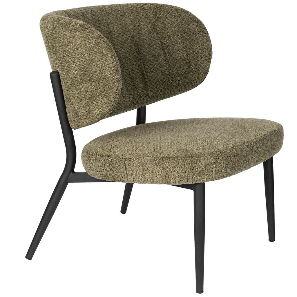 The Leona lounge chair combines comfort and style. Its body-hugging backrest invites you to relax. Crafted with a sleek black metal frame and a sumptuously soft blended fabric, it exudes sophistication. The elegant decorative stitching on the backrest adds a touch of refinement to this remarkable seating experience.&nbsp;