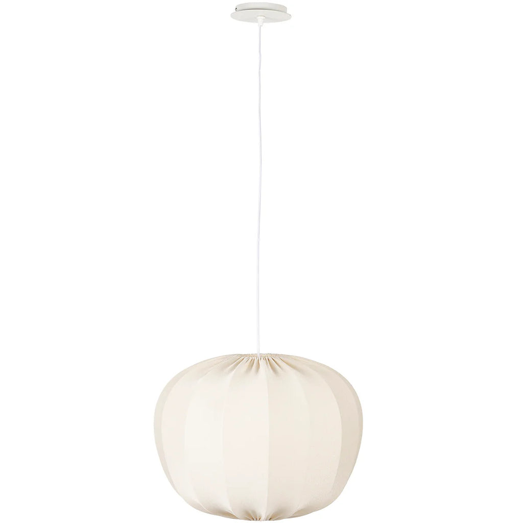 Foxford Shannon Pendant Light, boasting a delicate textile shade crafted from a blend of 85% polyester and 15% cotton. The iron base and canopy offer a strong and durable foundation, while the adjustable white cable allows for personalized fit in your space. With dimensions of 80-122cm in height and 38cm in diameter, this elegant pendant light exudes a sleek and contemporary aesthetic, reminiscent of a lustrous oyster shell.