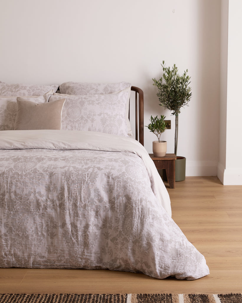 The Foxford Tuscan Duvet Set in nacre shades is made of breathable, skin-friendly gauze cotton that is perfectly textured for a relaxed look.  This skin-friendly fabric is soft and refreshingly comfortable, making it the perfect addition to your bedding collection. The lightweight Yarn-Dyed Gauze fabric is 100% cotton and gets beautifully crinkled when washed, making it soft and airy to wear in the summer heat.