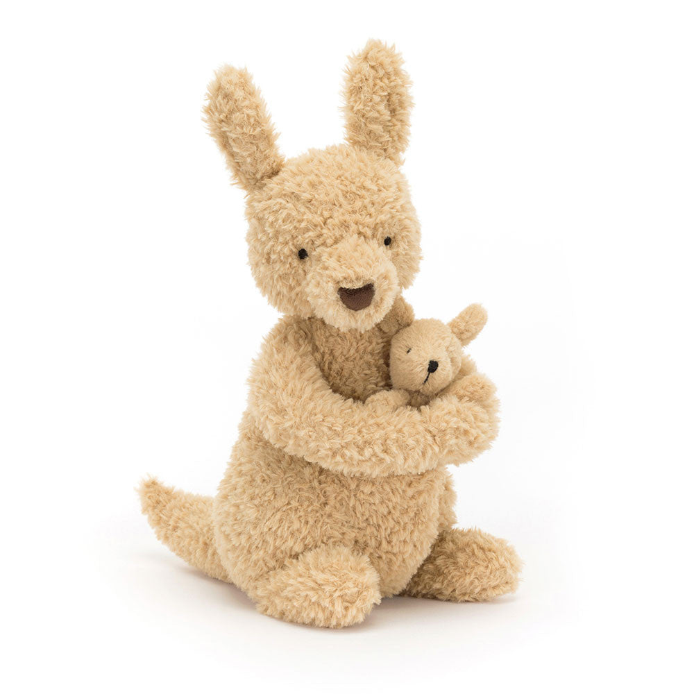 Jellycat Huddles Kangaroo plush toy featuring a large kangaroo cuddling a small joey, both with soft, fluffy fur and adorable expressions.