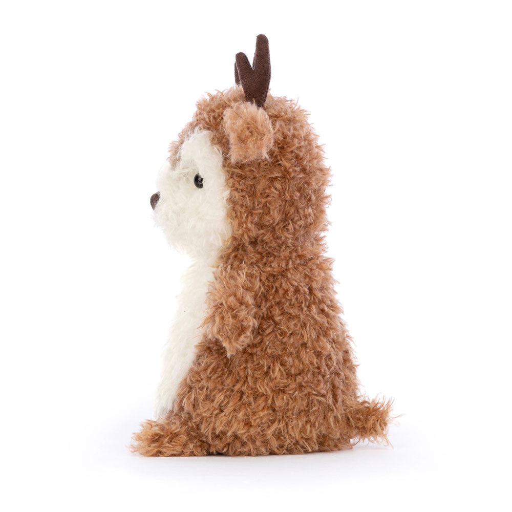 Wonderfully ruffled in toffee and cream, it's Little Reindeer! This sweet pal sits up so proudly, with tufty ears and suedette cocoa antlers. With a beany bottom, button nose and the cutest scruffy hooves, Little Reindeer is a forest treasure.