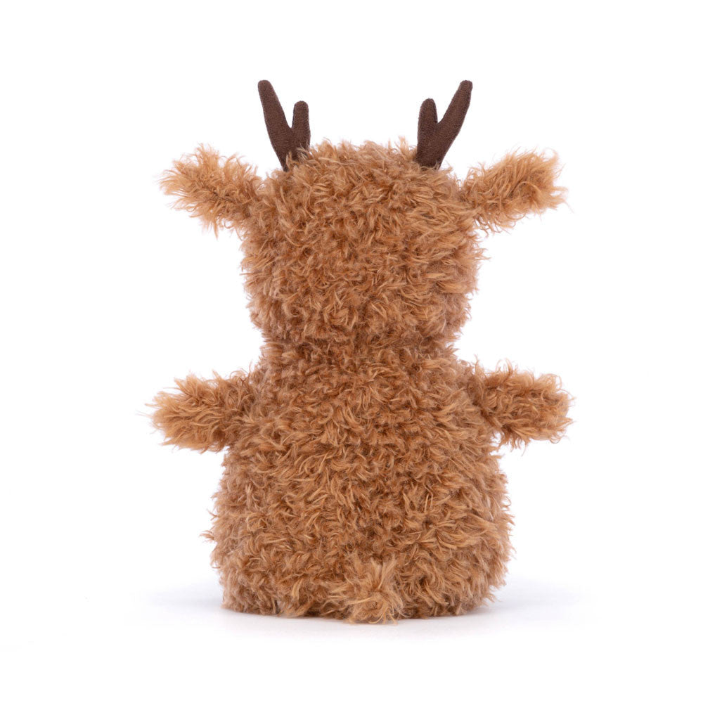 Wonderfully ruffled in toffee and cream, it's Little Reindeer! This sweet pal sits up so proudly, with tufty ears and suedette cocoa antlers. With a beany bottom, button nose and the cutest scruffy hooves, Little Reindeer is a forest treasure.