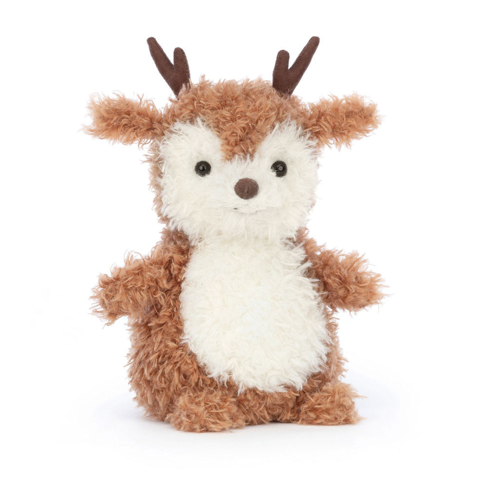 Wonderfully ruffled in toffee and cream, it's Little Reindeer! This sweet pal sits up so proudly, with tufty ears and suedette cocoa antlers. With a beany bottom, button nose and the cutest scruffy hooves, Little Reindeer is a forest treasure.