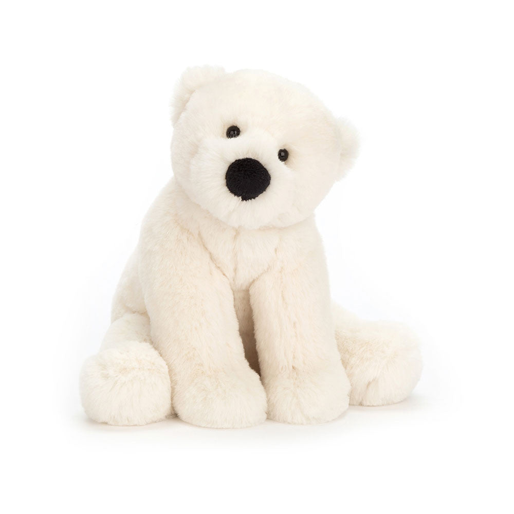 For the cosiest cuddles in the whole North Pole, skate on over to Perry Polar Bear! Unbelievably snuggly, this cloudy cream cub is as soft as freshly fallen snow. He sits so neatly on his beany bottom, and has the cutest bobble nose and nubbly tail. Hold him close and turn chilly days into silly days!