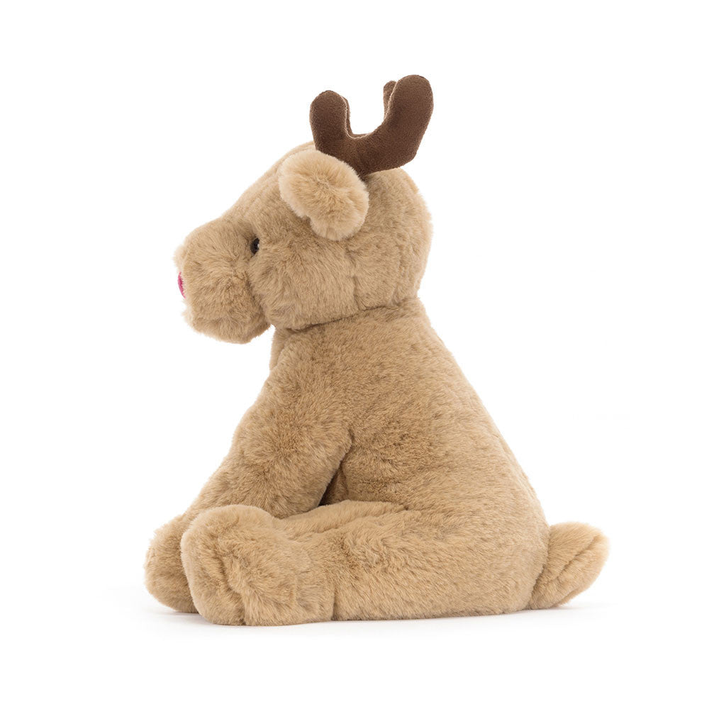 Romi Reindeer brings sleigh-loads of festive joy. This scrumptious honey deer has huge weighted paws and suedette antlers in rich cocoa tones – not to mention their delicate tufty tail, cranberry nose and waggle ears. A Christmas companion for long drives and post-dinner naps.